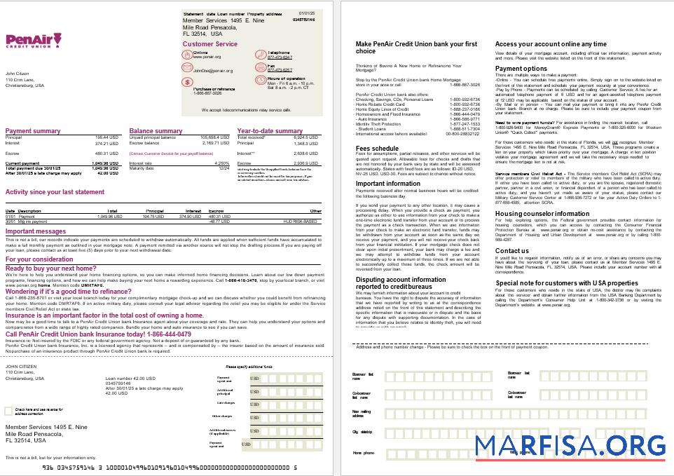 Blank USA Florida PenAir Credit Union bank mortgage statement in Word and PDF formats, 2 pages template
